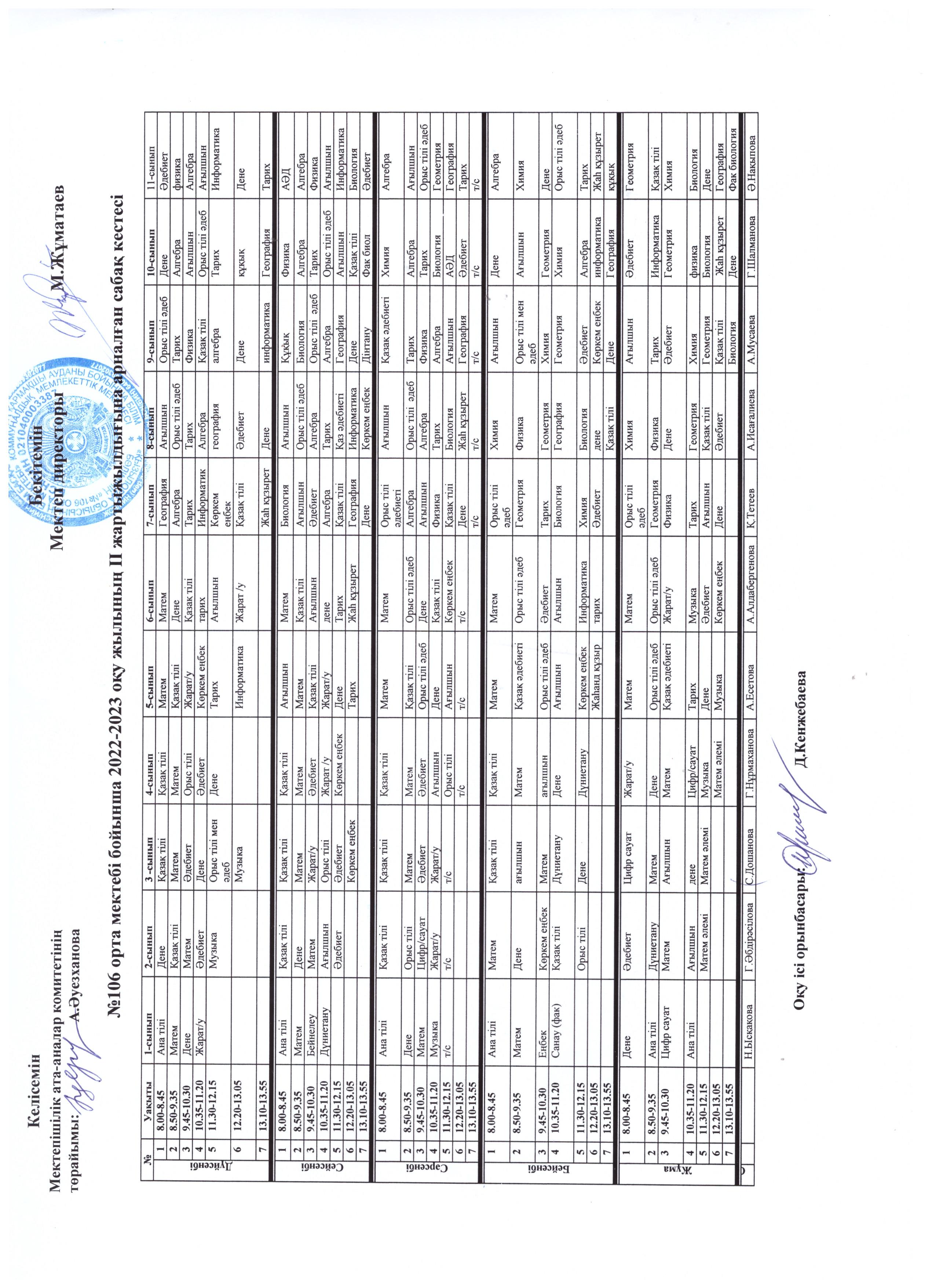 2022-2023 оқу жылының  ІІ жартыжылдықына арналған сабақ кестесі